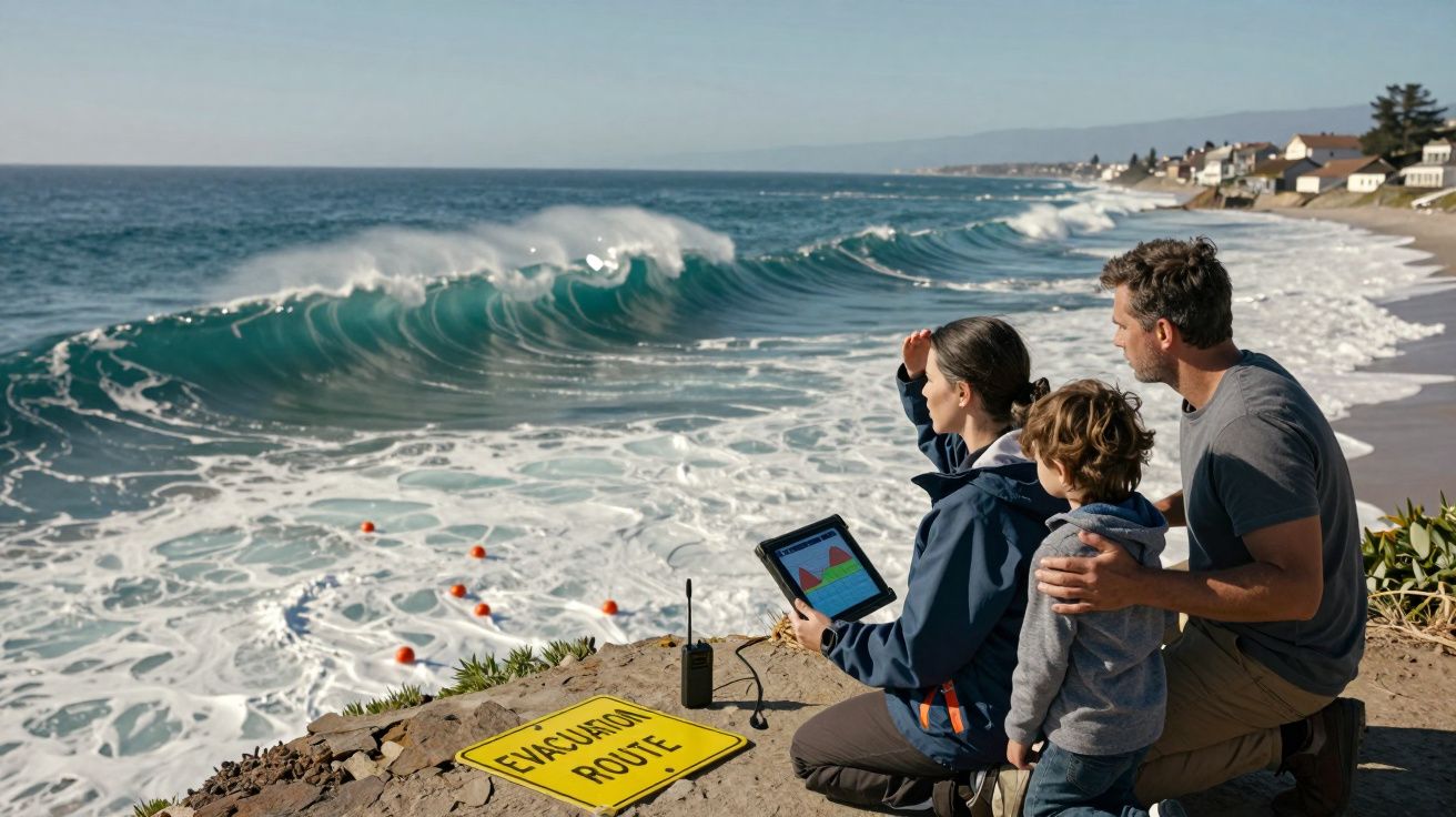 Família observa uma grande onda no mar, perto de placa amarela escrita "evacuation route" na praia.