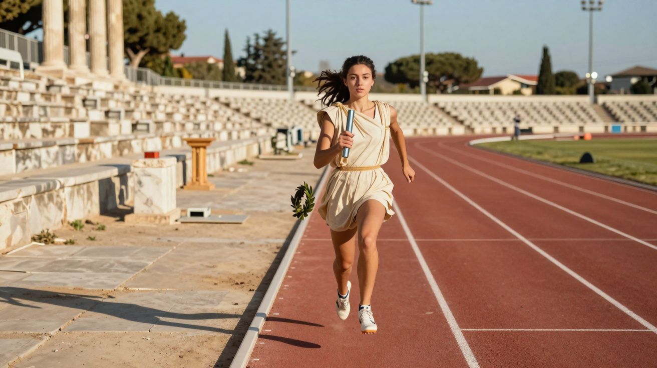 Mulher jovem correndo com roupa grega antiga e segurando tocha em pista de atletismo ao ar livre.