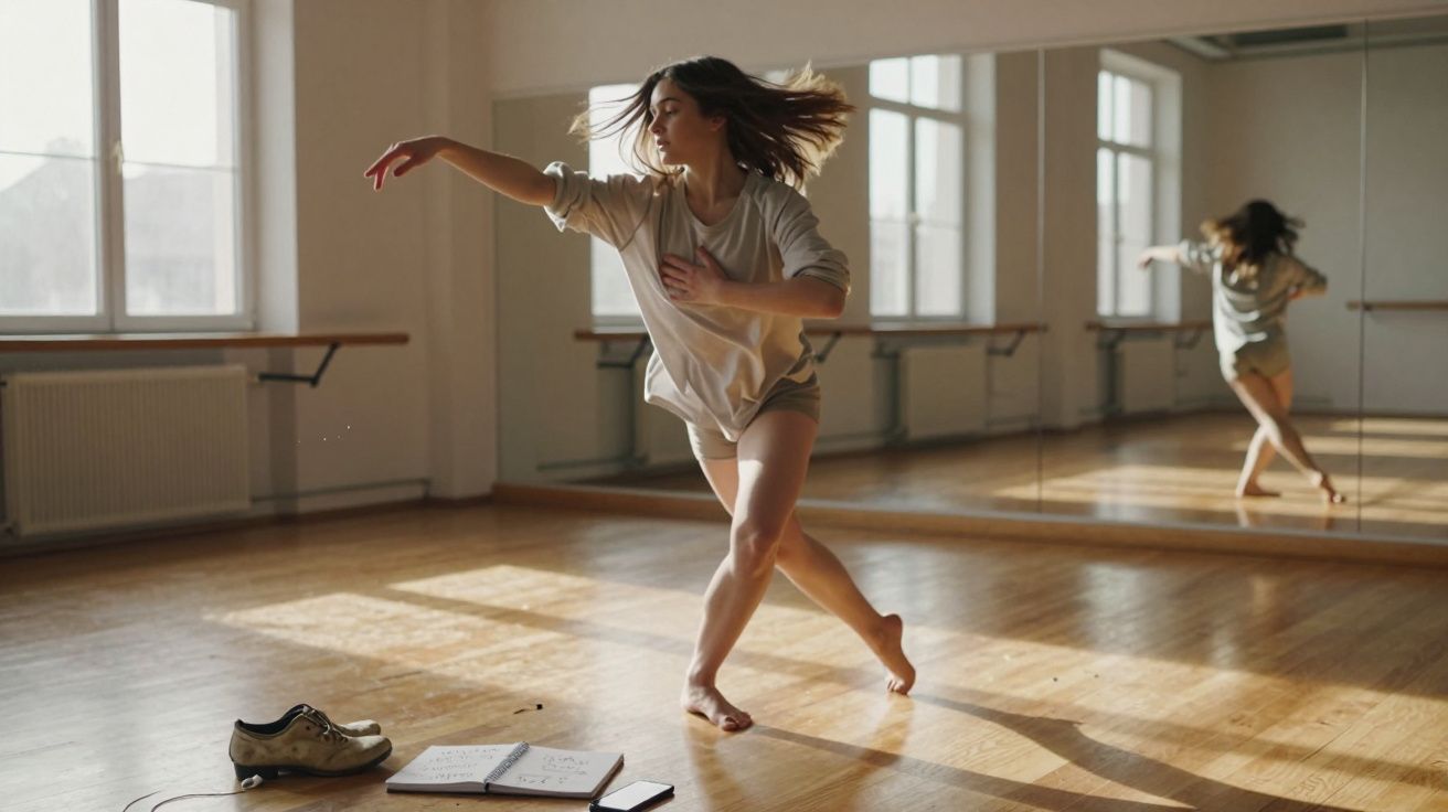 Mulher dança descalça em estúdio com espelho, luz natural entrando pela janela e sapatos no chão.