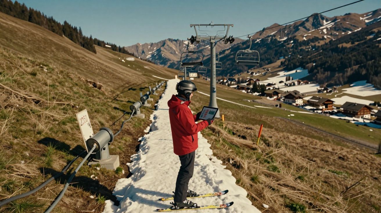 Esquiador com capacete e jaqueta vermelha usando laptop sobre faixa estreita de neve em montanha na primavera.