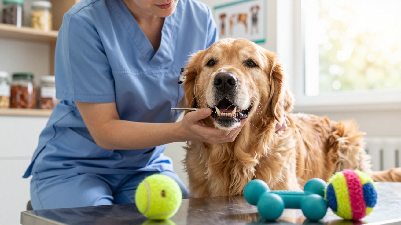 Veterinária examinando os dentes de um golden retriever em clínica, com brinquedos coloridos na mesa.