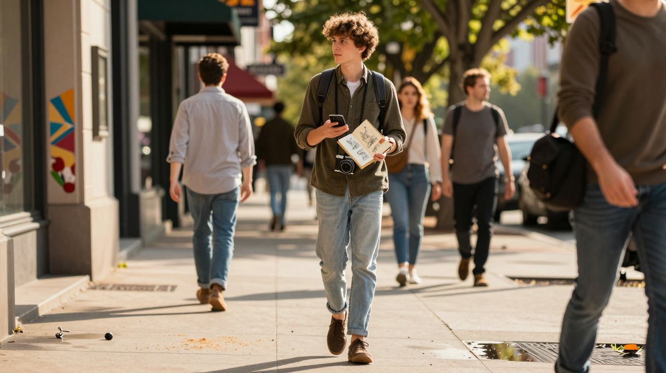 Jovem caminhando na calçada com caderno, celular e câmera, enquanto outras pessoas passeiam na rua.
