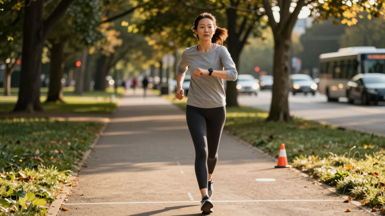 Mulher correndo em calçada arborizada ao lado de rua movimentada com veículos e ônibus ao fundo.