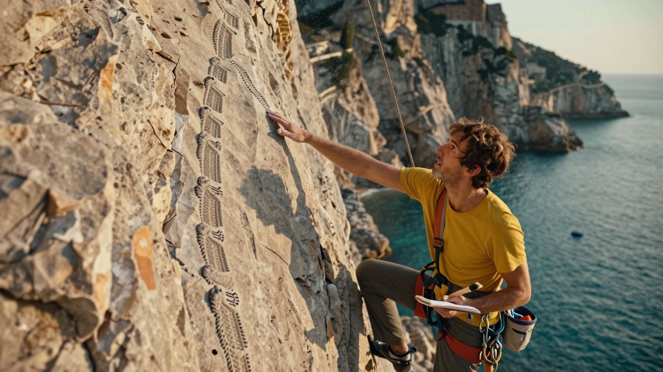 Homem escalando penhasco com registro de pegadas fósseis à beira do mar em cenário rochoso.