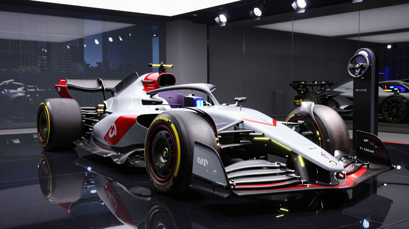 Carro de Fórmula 1 prata com detalhes em vermelho exibido em ambiente interno moderno e iluminado.