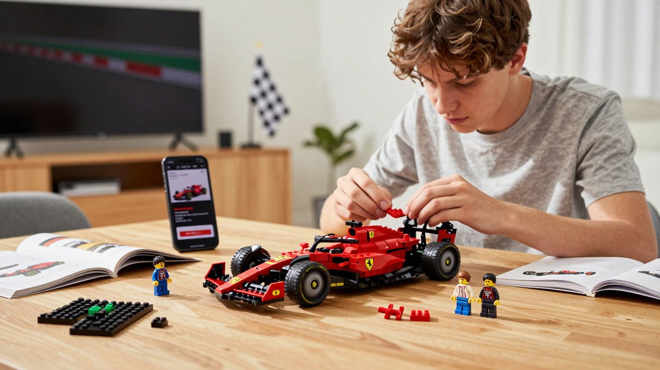 Adolescente montando um carrinho de corrida de blocos de montar vermelhos em uma mesa de madeira.