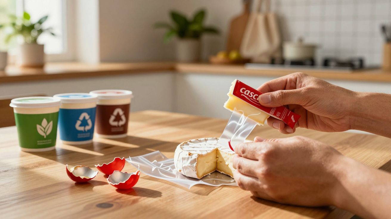 Mãos desembrulhando requeijão cremoso ao lado de queijo e embalagens recicláveis sobre mesa de madeira.