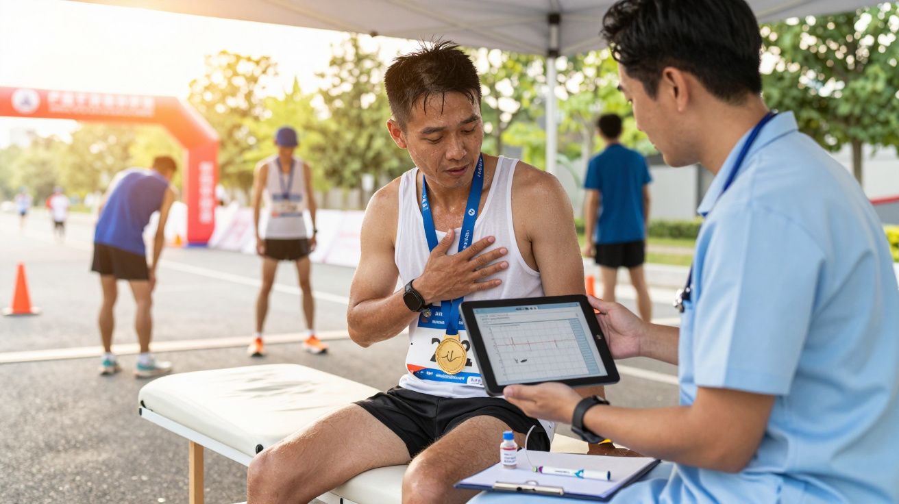 Atleta com medalha recebe avaliação médica após corrida ao ar livre em área sombreada.