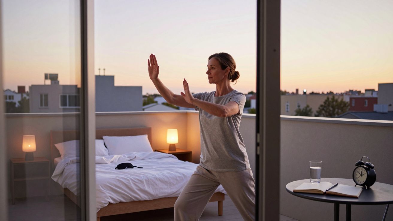 Mulher fazendo exercícios de meditação ao ar livre ao entardecer em uma varanda de apartamento.