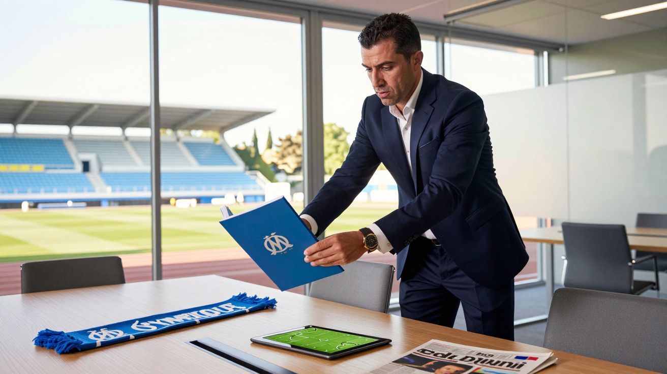 Homem em terno azul consulta pasta do Olympique de Marselha dentro de sala com vista para estádio.