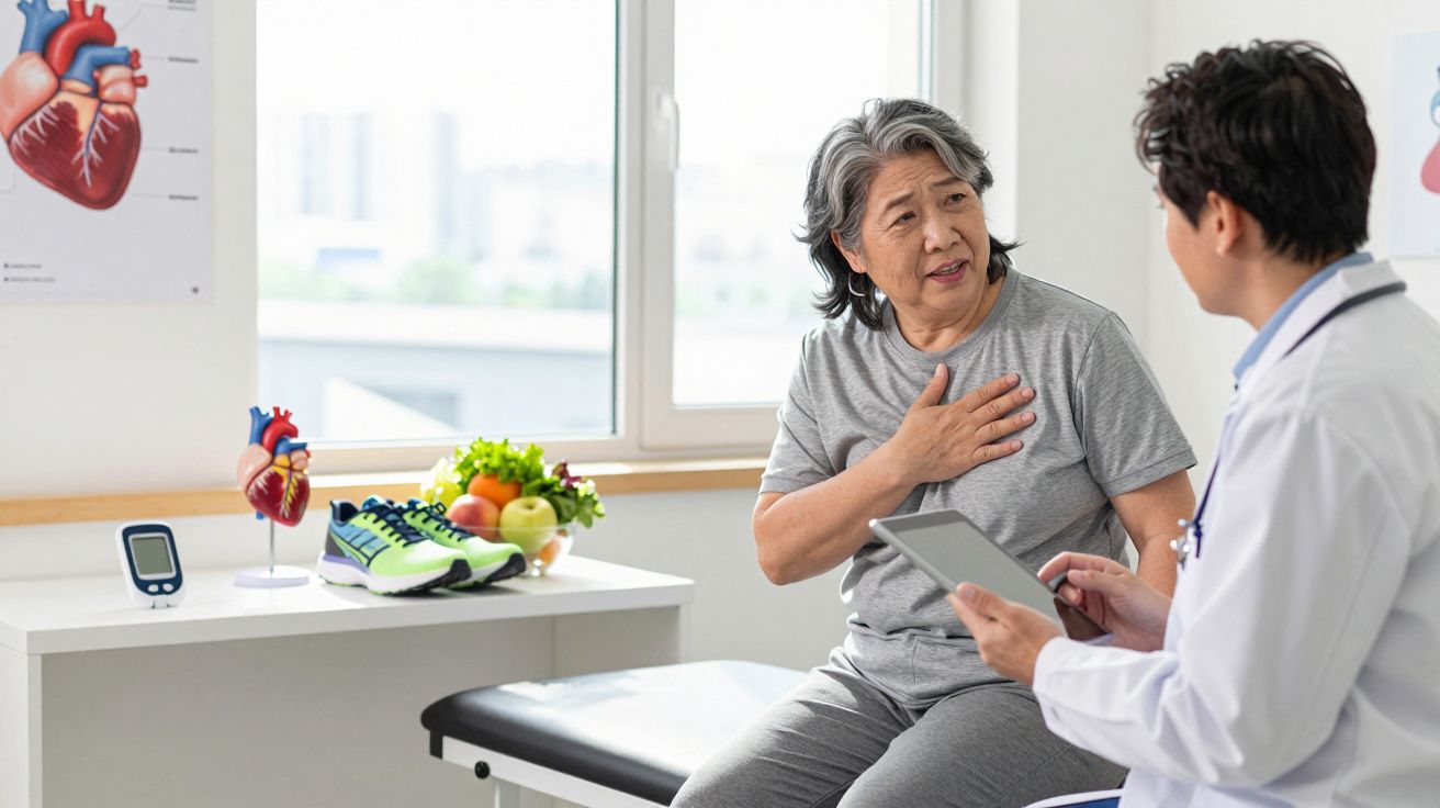 Paciente idosa segurando o peito conversando com médico em consultório com itens de saúde ao fundo.