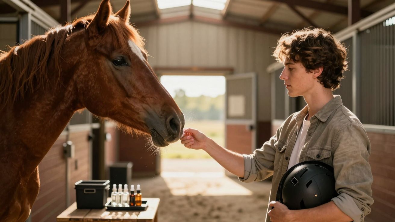 Jovem oferece alimento a cavalo dentro de estábulo enquanto segura capacete preto.