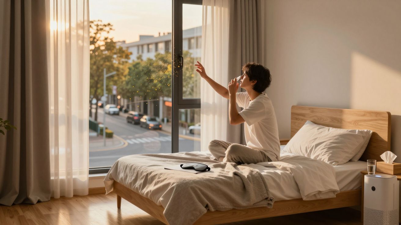 Pessoa sentada na cama em quarto iluminado pela luz do dia, olhando pela janela e bebendo água.