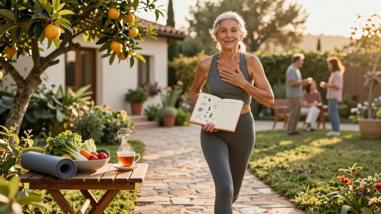 Mulher idosa vestindo roupa esportiva caminha no jardim com caderno de anotações na mão ao amanhecer.