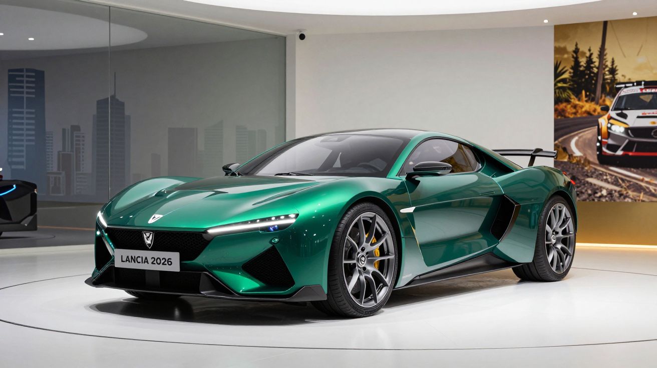 Carro esportivo verde metálico Lancia 2026 exibido em salão de automóveis moderno.