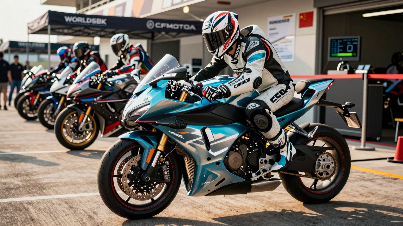 Pilotos em trajes de corrida alinhados em motos esportivas em pista durante evento de motociclismo.