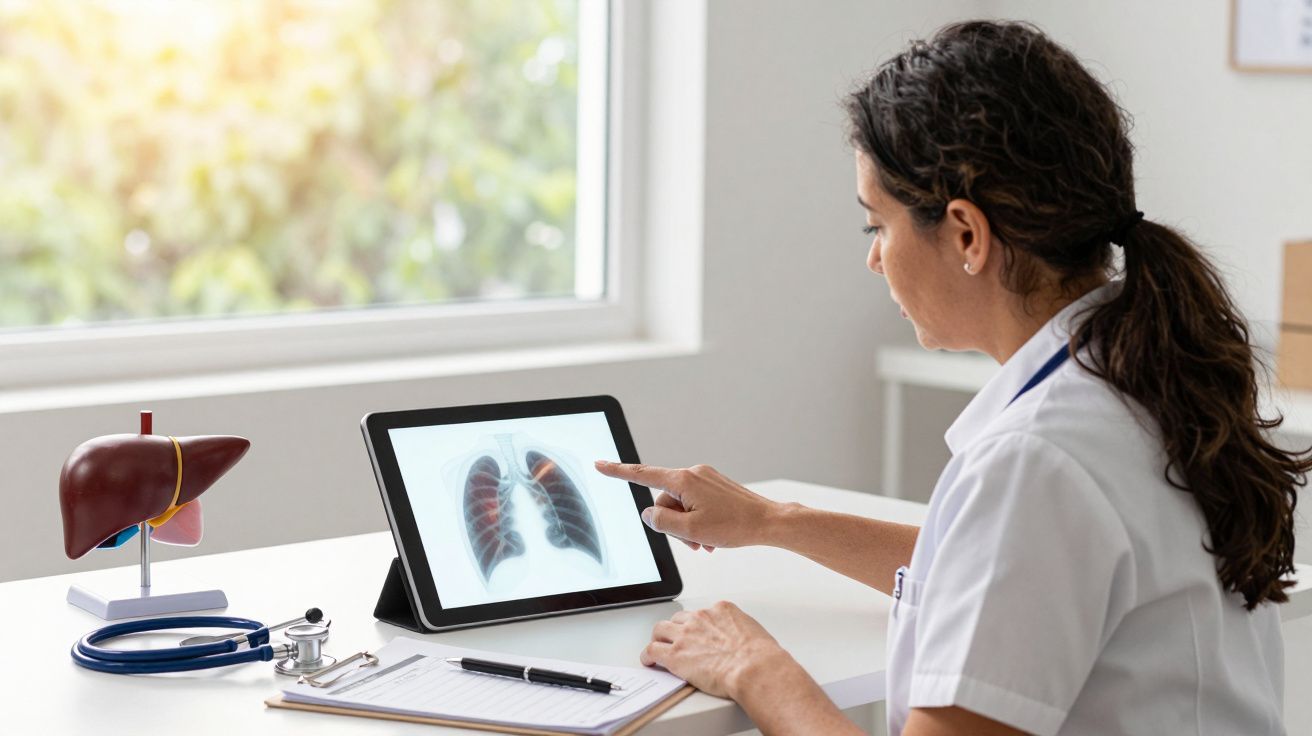 Médica analisando imagem de raio-x de pulmões em tablet, com modelo de fígado e estetoscópio na mesa.