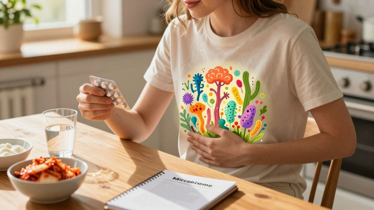 Mulher sentada em mesa de cozinha segurando remédio e tocando o abdômen, camiseta com desenho colorido de microbioma.