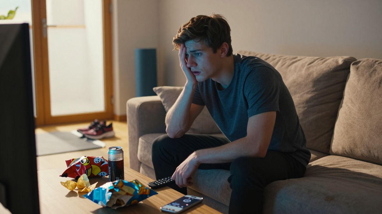 Jovem sentado no sofá, com expressão preocupada, assistindo TV com petiscos e refrigerante na mesa.