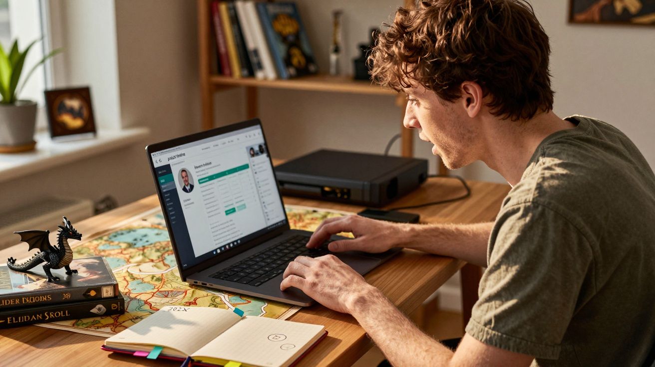 Homem sentado em mesa de madeira usando laptop, com livros, bloco de notas e dragão de brinquedo ao lado.