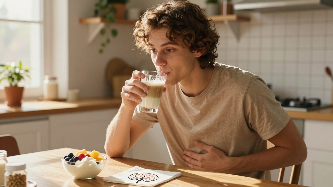 Jovem com expressão de desconforto estomacal bebendo um copo de leite na cozinha iluminada.