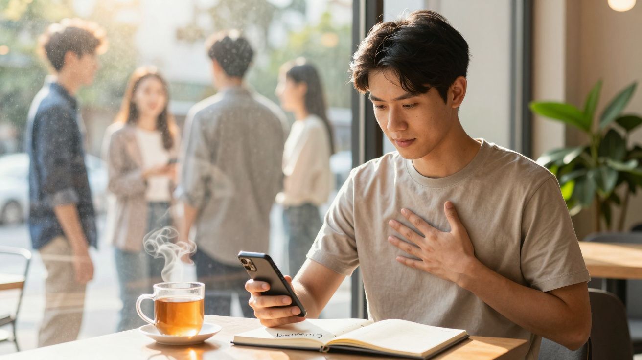Jovem sentado à mesa com celular na mão e expressão preocupada, com chá e caderno à frente, grupo ao fundo.