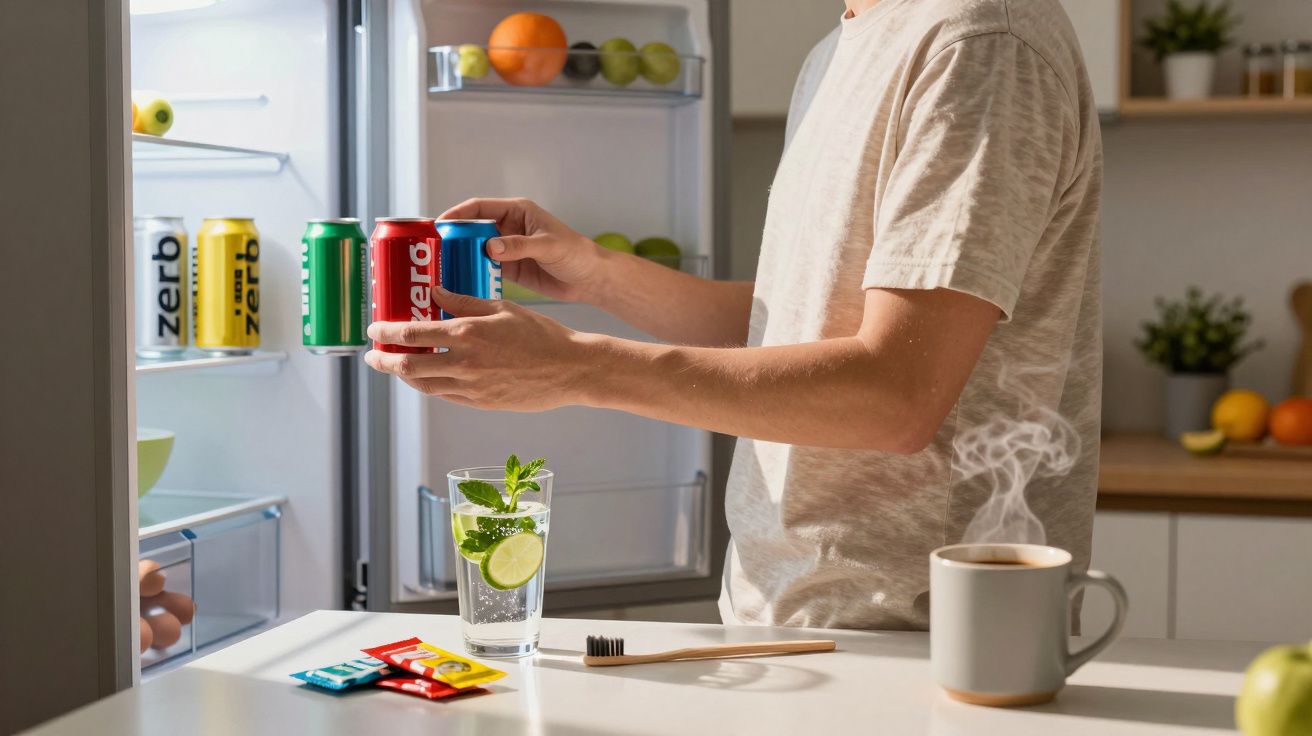 Pessoa abrindo a geladeira e tirando latas coloridas de refrigerante na cozinha iluminada.