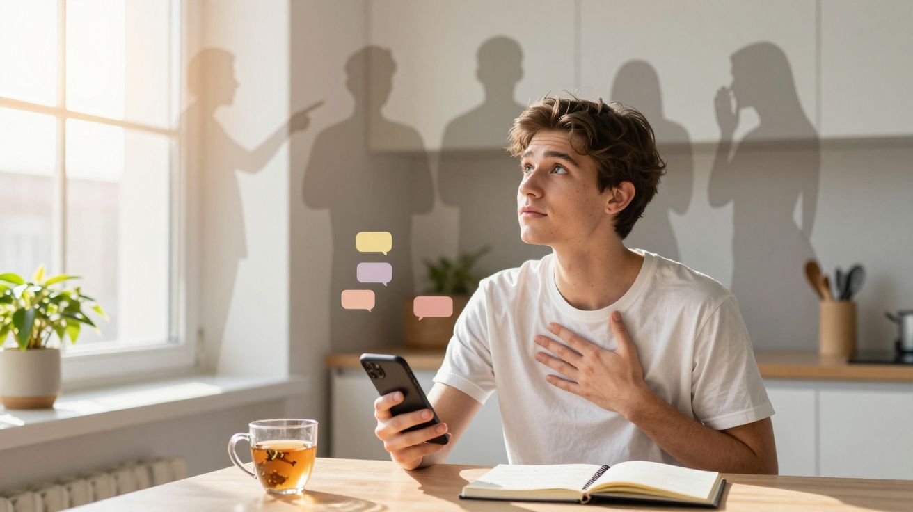 Jovem sentado em mesa com celular e caderno, olhando para cima com expressões de diálogo ao redor.