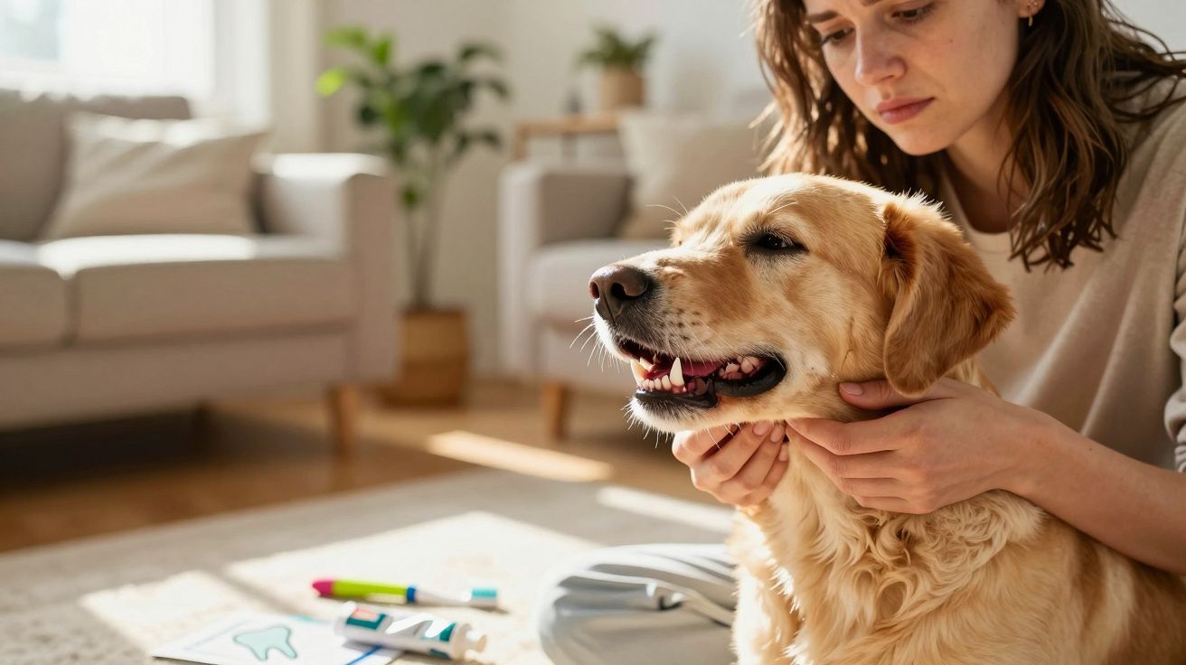 Mulher acariciando um cachorro golden retriever em uma sala de estar iluminada e aconchegante.