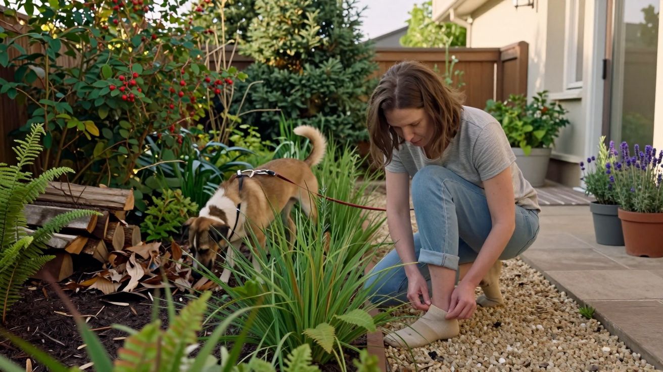 Mulher agachada amarrando sapato em jardim, com cachorro farejando plantas ao lado.