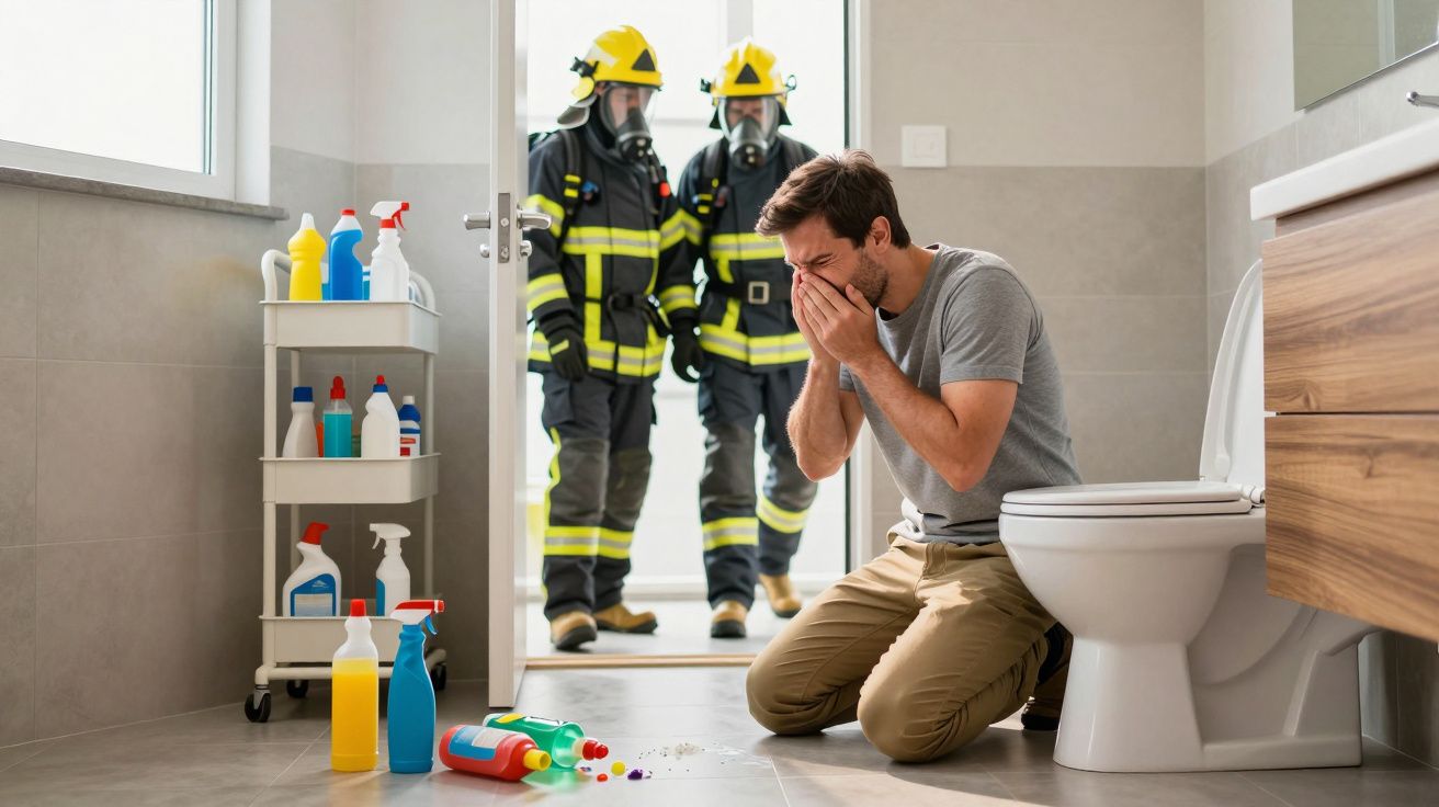 Homem ajoelhado no banheiro com as mãos no rosto e dois bombeiros entrando pela porta.