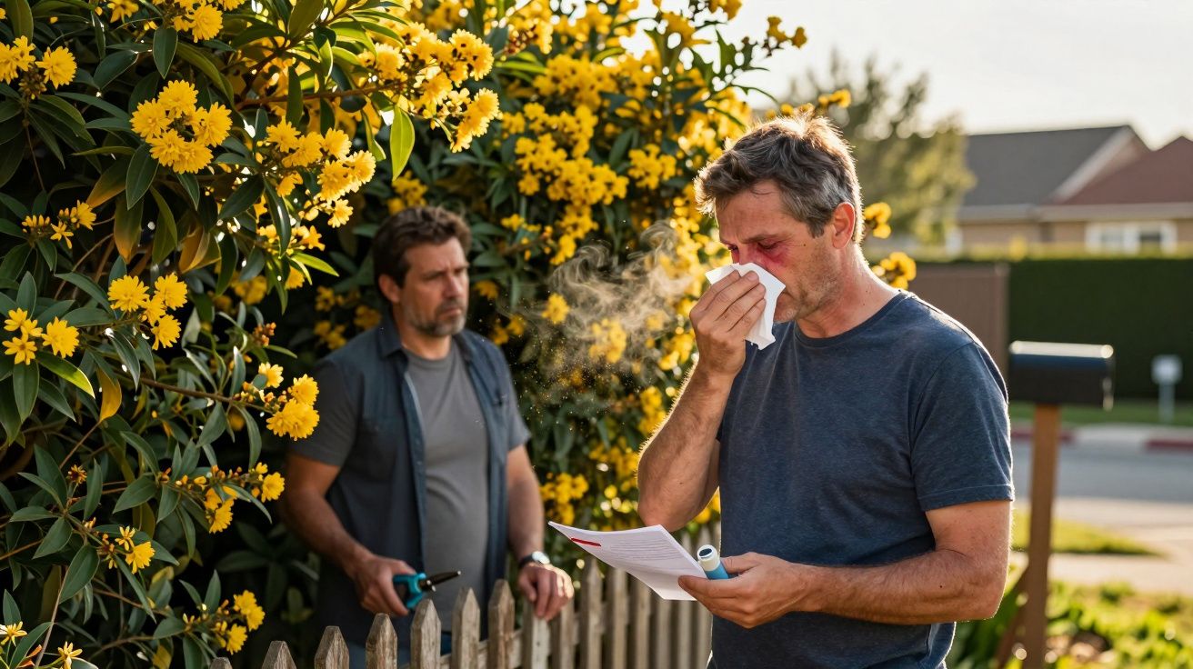 Homem com alergia nasal segura lenço e inalador perto de plantas floridas amarelas com outra pessoa ao fundo.