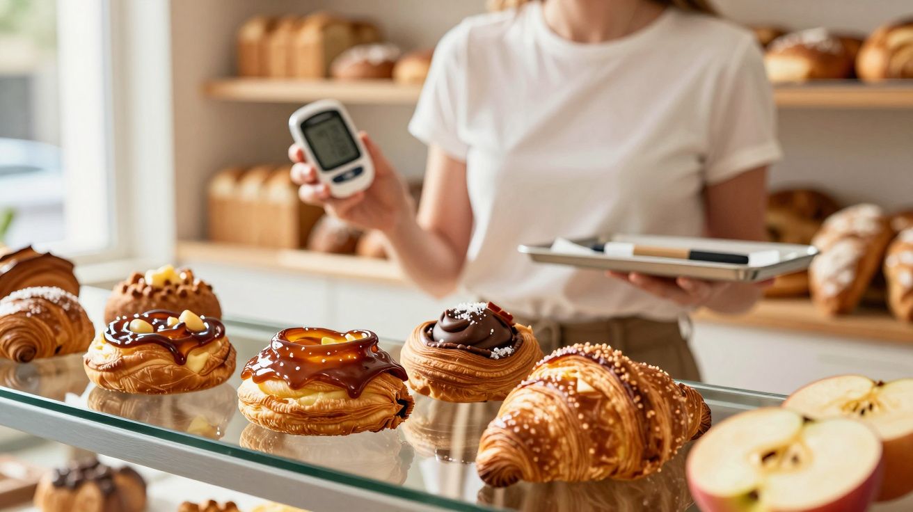 Mulher em padaria segurando glicosímetro e tablet, à frente de vitrine com doces e croissants.