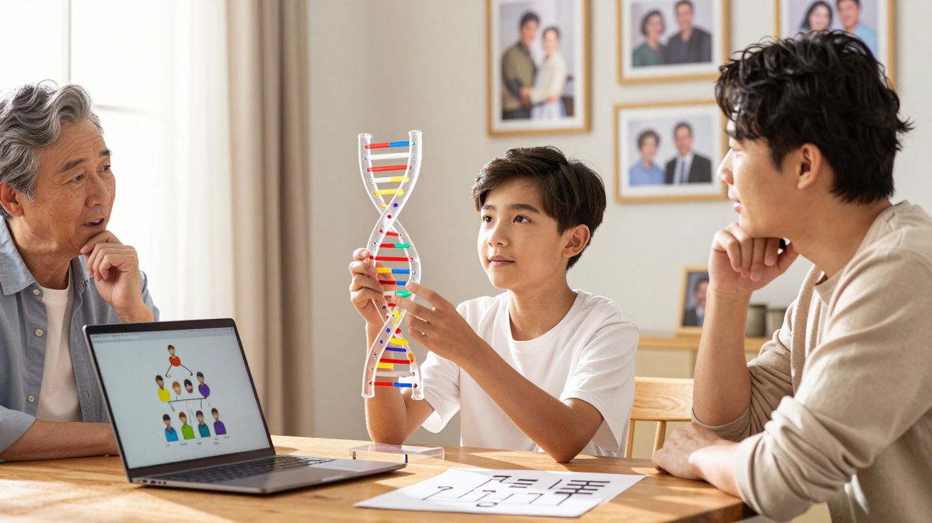 Menino mostrando modelo de DNA para homem mais velho e adulto junto a laptop com árvore genealógica.