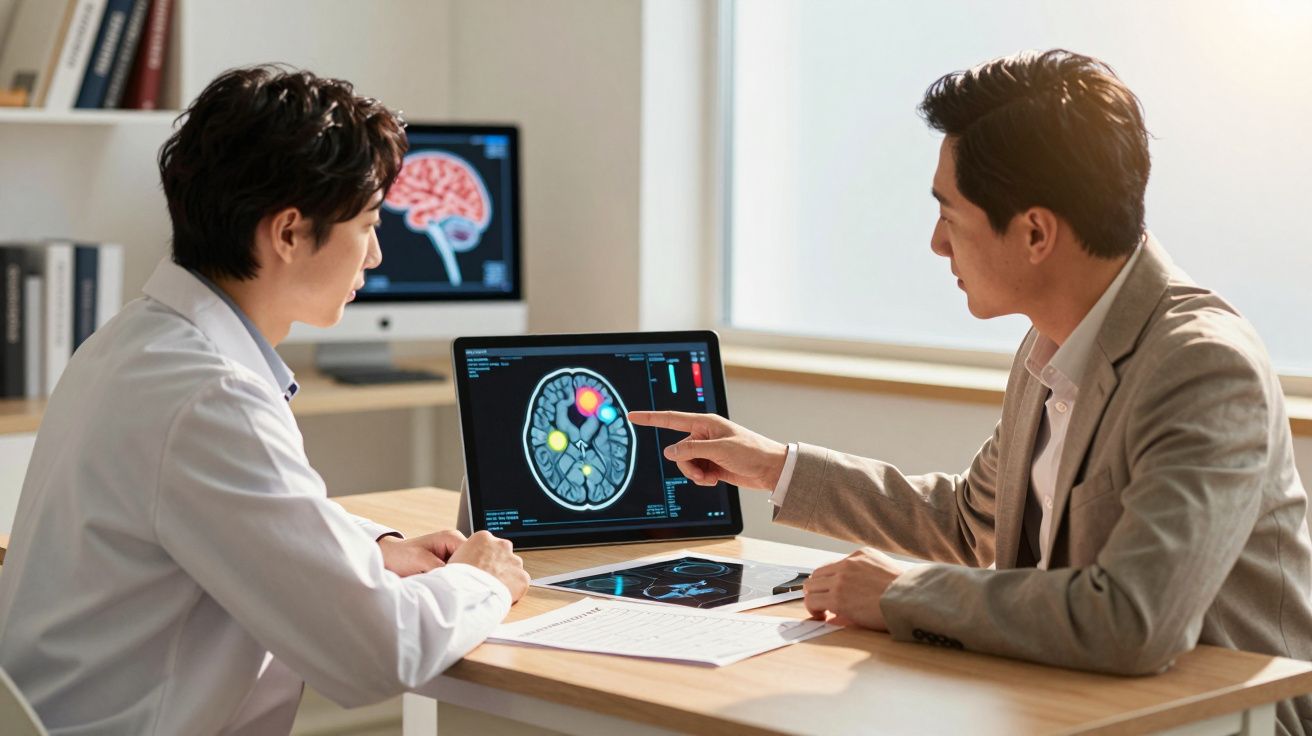 Dois profissionais analisam imagens de exames cerebrais em computador em um consultório médico.