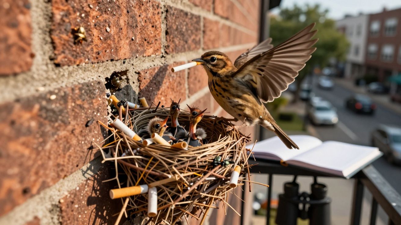 Pássaro adulto alimentando filhotes no ninho com bitucas de cigarro preso na parede de tijolos.