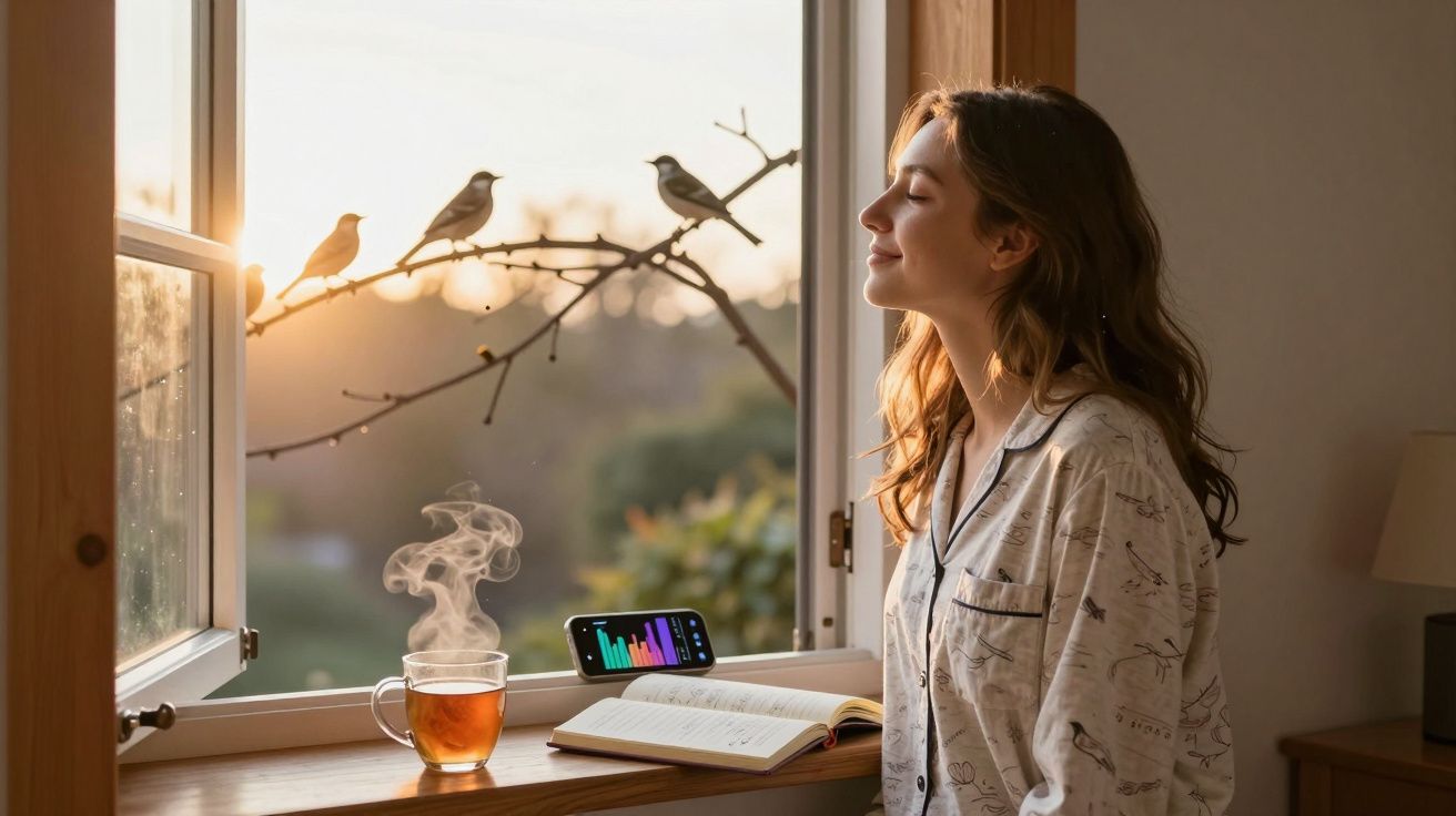 Mulher de pijama aproveita a manhã com chá, livro aberto e pássaros no galho à janela aberta ao amanhecer.