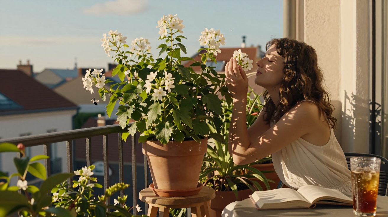 Mulher cheirando flores brancas em vaso no terraço ensolarado, com livro aberto e copo ao lado.