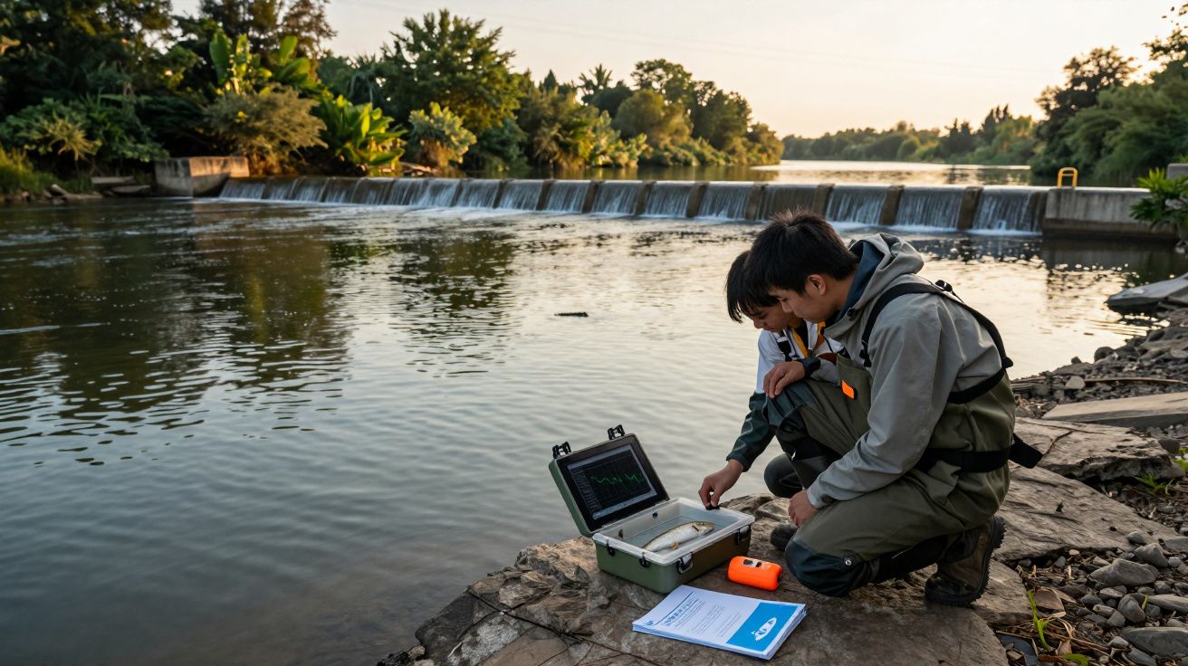 Duas pessoas coletando dados em equipamento eletrônico na margem de um rio com pequena represa ao fundo.