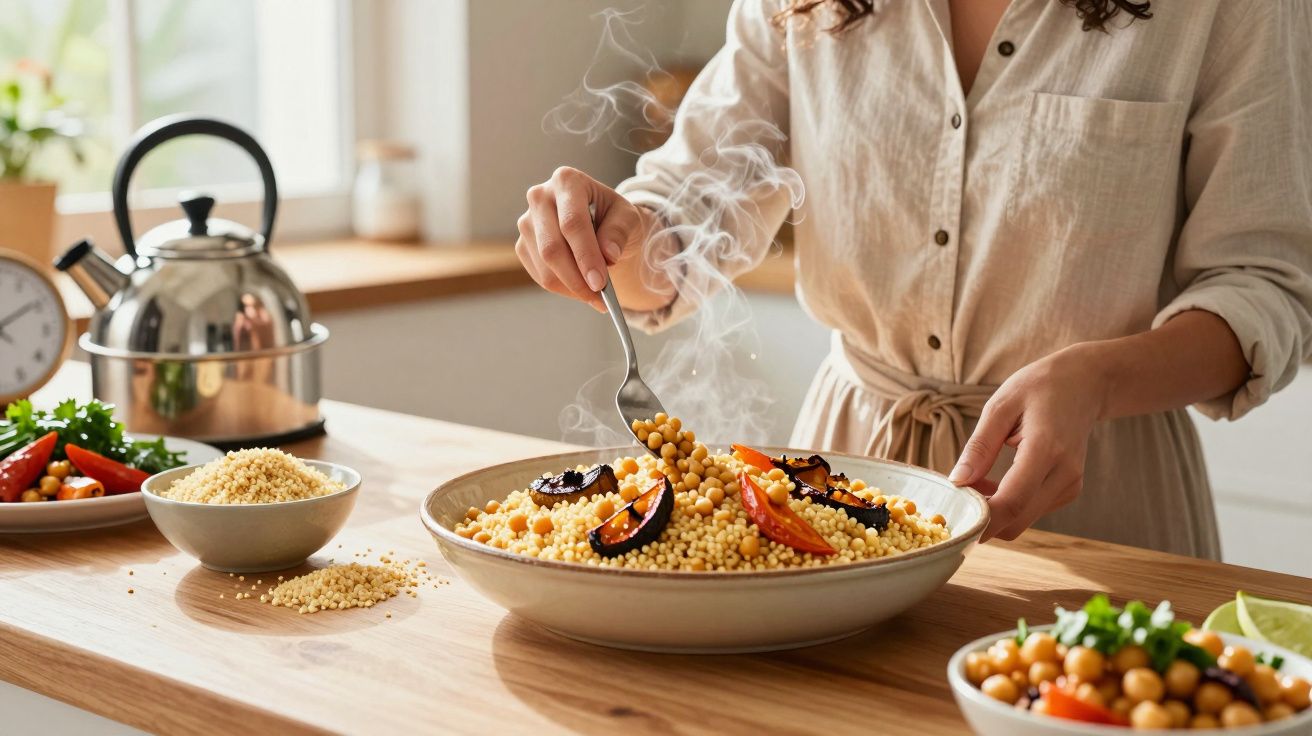 Pessoa mexe cuscuz marroquino quente com legumes em tigela grande em cozinha clara e arejada.