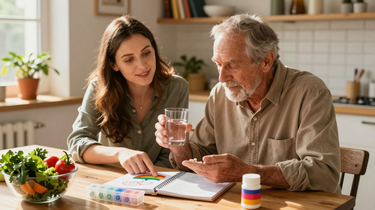 Jovem ajuda idoso a tomar remédio enquanto apontam desenho colorido em mesa na cozinha.