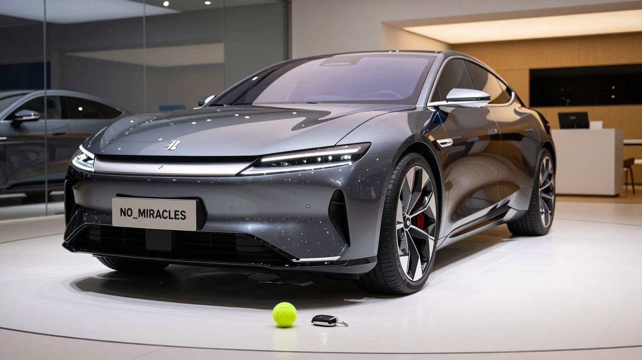 Carro elétrico cinza brilhante exibido em ambiente interno com chave e bola de tênis no chão.