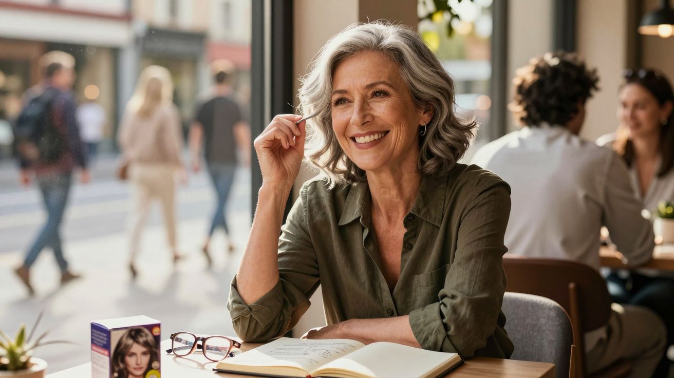Mulher sorridente com cabelo grisalho sentada em café, lendo livro e segurando óculos na mesa.