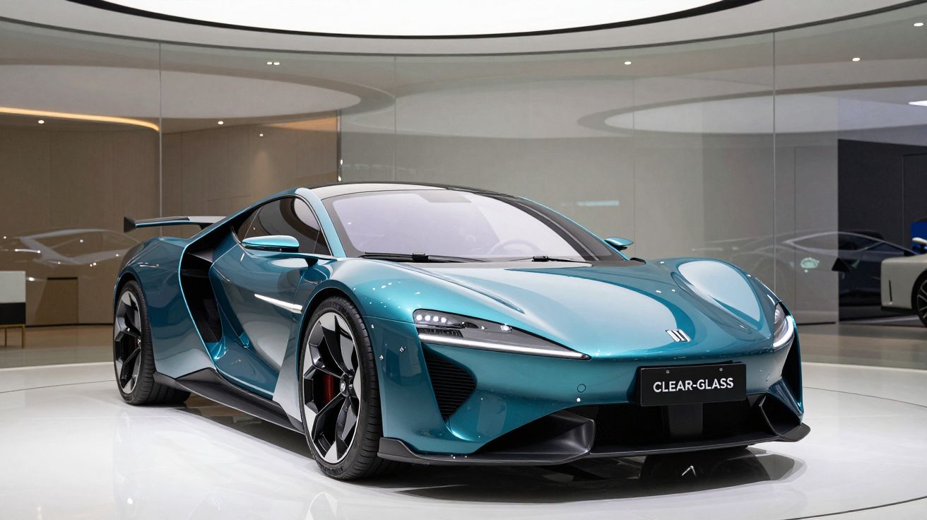 Carro esportivo azul metálico com design futurista exposto em showroom moderno.