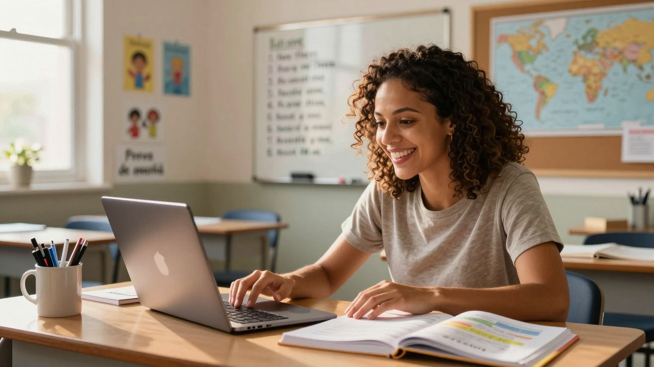 Jovem estudante sorridente sentada em sala de aula usando notebook e estudando com livro aberto na mesa.