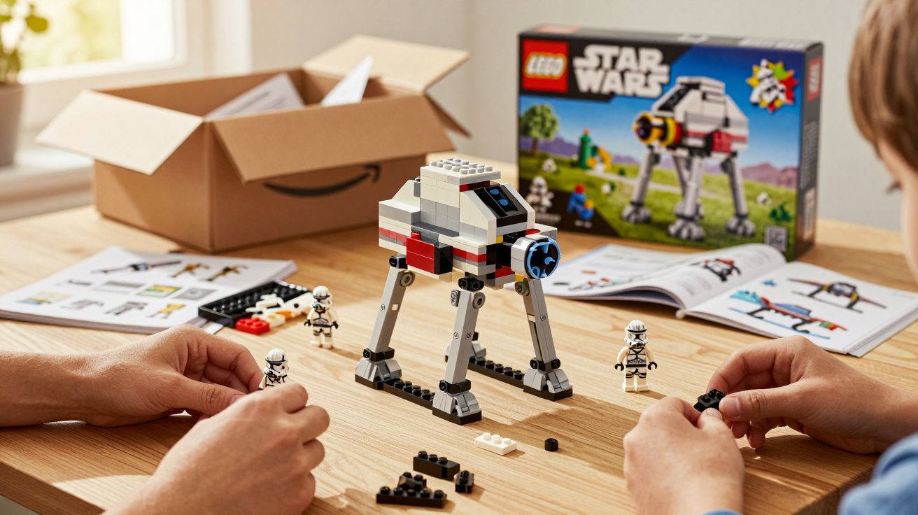 Dupla montando robô AT-AT do LEGO Star Wars sobre mesa de madeira iluminada pela luz natural.