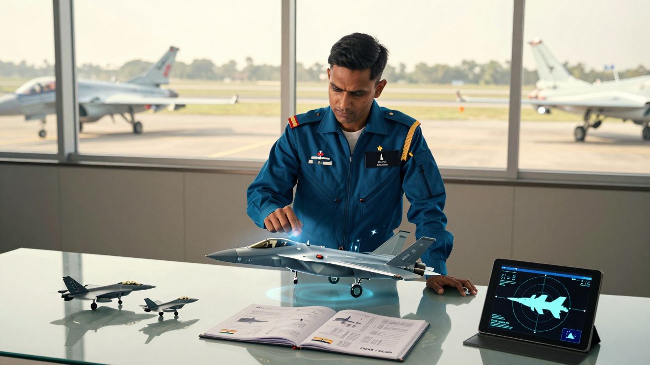 Militar em uniforme azul analisa modelo de avião em mesa com livro aberto e tablet mostrando radar.