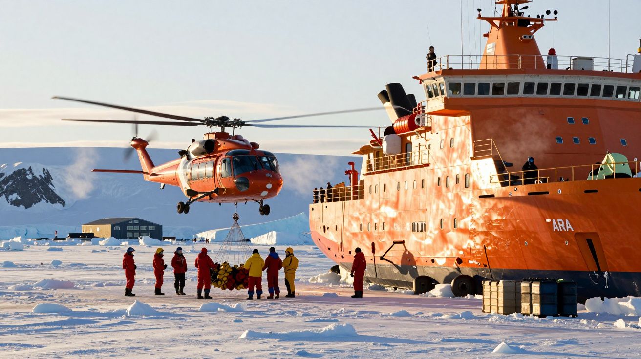 Helicóptero laranja transportando carga para navio laranja com equipe em roupas térmicas em ambiente gelado.