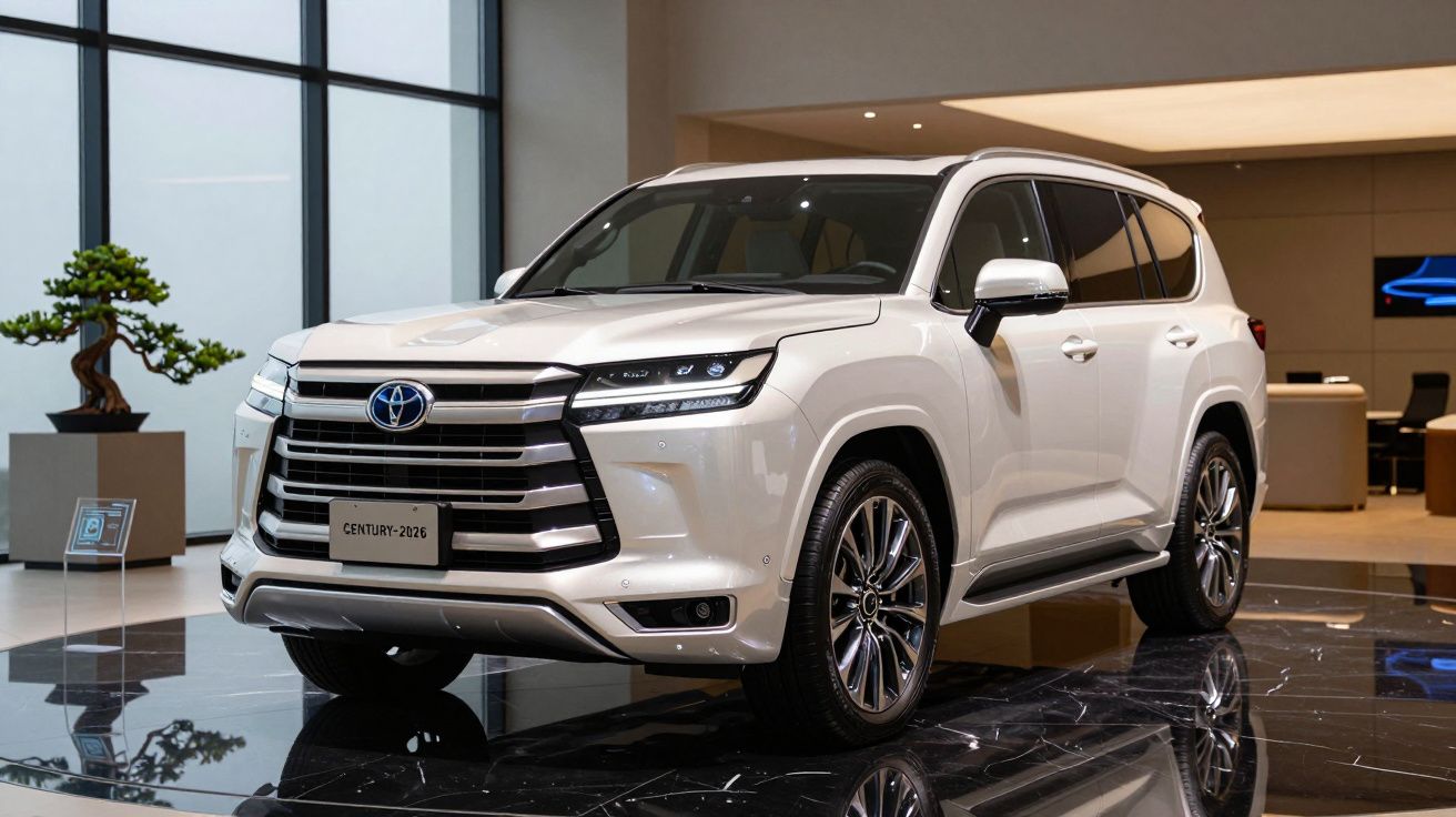 SUV Toyota branco modelo 2026 em exposição dentro de um ambiente moderno e iluminado.