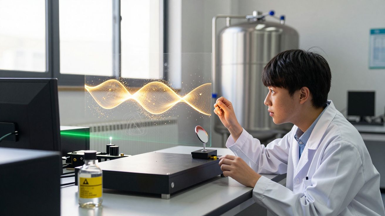 Cientista jovem em laboratório observa experimento com ondas luminosas e equipamentos de física.
